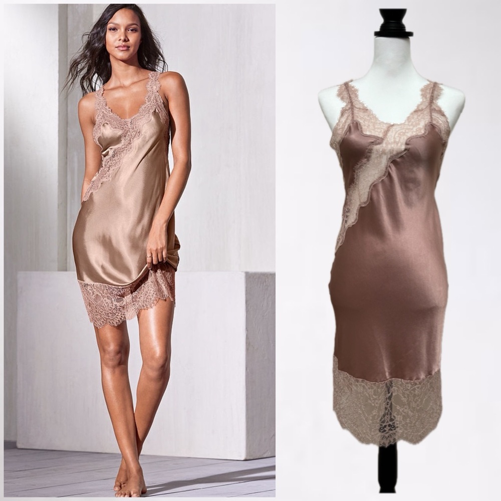 Victoria’s Secret satin eyelash lace slip chemise mauve pink XS midi long length